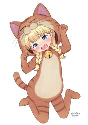 Rule 34 | 1girl, animal costume, animal ears, animal hood, arm up, bell, blonde hair, blue eyes, blunt bangs, blush, braid, cat costume, cat ears, cat hood, cat tail, choker, dated, dragon quest, dragon quest xi, fang, full body, hand up, head tilt, hood, hood up, jingle bell, kanya pyi, long hair, looking at viewer, low twintails, neck bell, nose blush, open mouth, red choker, simple background, solo, striped tail, tail, twin braids, twintails, veronica (dq11), white background