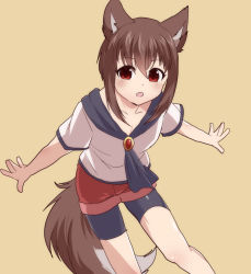 Rule 34 | 1boy, :o, animal ears, bike shorts, brown hair, commentary request, fang, genderswap, genderswap (ftm), hair between eyes, imaizumi kagerou, jewelry, leaning forward, looking at viewer, male focus, open mouth, outstretched arms, red eyes, ruri tsubame, short hair, short sleeves, solo, tail, touhou, wolf ears, wolf tail, yellow background
