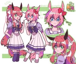 Rule 34 | 2girls, animal ears, black legwear, blue eyes, blush, bow, bowtie, brown hair, closed mouth, crossover, doki doki literature club, frilled skirt, frills, green eyes, hair between eyes, hair bow, hair ribbon, hand up, horse ears, horse girl, horse tail, horseshoe ornament, long hair, looking at another, looking at viewer, monika (doki doki literature club), multiple girls, open mouth, pink hair, pleated skirt, ponytail, puffy short sleeves, puffy sleeves, purple shirt, red bow, ribbon, sailor collar, sailor shirt, sayori (doki doki literature club), school uniform, shirt, short hair, short sleeves, skirt, smile, summer uniform, tail, thighhighs, tracen school uniform, translation request, umamusume, white ribbon, white skirt, white thighhighs, yoka