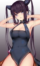 Rule 34 | 1girl, armpits, arms behind head, arms up, bare shoulders, black dress, blue eyes, blunt bangs, blush, breasts, china dress, chinese clothes, cleavage, covered navel, detached sleeves, dress, fate/grand order, fate (series), gradient background, hair ornament, highres, isawo (lucanus19), large breasts, long hair, looking at viewer, parted lips, purple hair, short dress, sidelocks, smile, solo, twintails, very long hair, yang guifei (fate), yang guifei (second ascension) (fate)