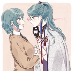 Rule 34 | 2girls, absurdres, aqua hair, arrow (symbol), bang dream!, black gloves, black necktie, blush, border, bow, braid, brown sweater, closed mouth, coat, coat on shoulders, collared shirt, commentary, ear ornament, earrings, eye contact, gloves, green eyes, hair between eyes, hair bow, hand on own chin, hat, highres, hikawa hina, hikawa sayo, holding, holding umbrella, idol, idol clothes, incest, jewelry, leaning forward, long sleeves, looking at another, medium hair, mini hat, multiple girls, necktie, open mouth, partially fingerless gloves, pink background, pink bow, ponytail, shirt, siblings, simple background, single glove, sweatdrop, sweater, twincest, twins, umbrella, upper body, white border, white coat, white shirt, yuri, zihacheol
