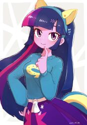 Rule 34 | 1girl, absurdres, animal ears, blue jacket, colored skin, dated, fake animal ears, fake tail, headband, highres, jacket, long hair, looking at viewer, multicolored hair, my little pony, my little pony: equestria girls, my little pony: friendship is magic, nendo23, personification, pink hair, purple eyes, purple hair, purple shirt, purple skin, school uniform, shirt, simple background, smile, solo, streaked hair, tail, twilight sparkle