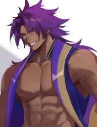 Rule 34 | 1boy, bara, bare pectorals, bare shoulders, bhima (fate), dark-skinned male, dark skin, fate/grand order, fate (series), highres, l m00g, large pectorals, long hair, looking at viewer, male focus, muscular, muscular male, no nipples, pectorals, purple eyes, purple hair, purple vest, simple background, smile, smirk, solo, thick eyebrows, upper body, veins, veiny arms, very long hair, vest