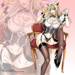 Rule 34 | 1girl, :p, blonde hair, breasts, corset, covered erect nipples, fei (maidoll), garter belt, high heels, large breasts, legs, lingerie, long hair, maid, maid headdress, original, panties, shoes, solo, thighhighs, tongue, tongue out, underwear