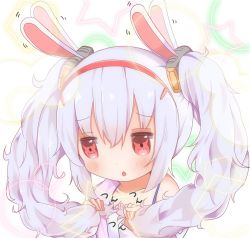 Rule 34 | 1girl, :o, afterimage, animal ears, azur lane, bare shoulders, blush, camisole, collarbone, commentary request, ear wiggle, hair between eyes, hair ornament, hairband, holding, holding own hair, jacket, laffey (azur lane), long hair, mugichoko (mugi no choko), off shoulder, open clothes, open jacket, parted lips, pink jacket, rabbit ears, red eyes, red hairband, sidelocks, silver hair, solo, star (symbol), twintails, white camisole