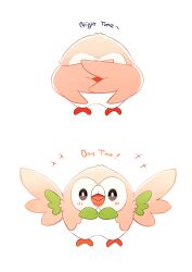 Rule 34 | absurdres, animal, animal focus, beak, bird, blush, bow, bowtie, brown feathers, covering face, creatures (company), feathers, game freak, gen 7 pokemon, green bow, green bowtie, happy aura, highres, nintendo, o o, owl, pokemon, pokemon (creature), rowlet, sob 0, spread wings, talons, white feathers