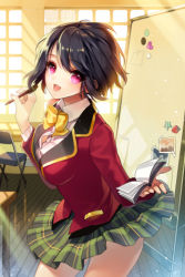 Rule 34 | 1girl, bad id, bad pixiv id, black hair, blazer, book, bow, bowtie, breasts, chair, cherrypin, circle skirt, heart, holding, jacket, looking at viewer, lowres, medium breasts, open book, open mouth, pen, pencil, photo (object), plaid, plaid skirt, purple eyes, school uniform, short hair, skirt, smile, solo, star (symbol), sword girls