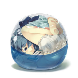 Rule 34 | 1girl, ass, bad id, bad pixiv id, bare legs, barefoot, bloomers, blue eyes, blue hair, bow, circled 9, cirno, curled up, feet, full body, gashapon, hair bow, in container, maki (natoriumu), matching hair/eyes, mini person, minigirl, one eye closed, pun, short hair, simple background, soles, solo, topless, touhou, translated, underwear, underwear only, wavy mouth, white background, white bloomers, wince, wings