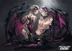 Rule 34 | 2boys, back tattoo, bare shoulders, black nails, chest tattoo, demon boy, demon horns, demon tail, demon wings, fingernails, grey hair, hair between eyes, horns, leg tattoo, legacy zechs, looking at another, male focus, multiple boys, nail polish, navel, neck tattoo, original, parted lips, purple eyes, sharp fingernails, sharp toenails, topless male, smile, tail, tattoo, teeth, toenails, wings, yaoi