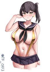 Rule 34 | 1girl, alternate costume, arm up, black neckerchief, black sailor collar, black skirt, blush, brown eyes, brown hair, closed mouth, cropped legs, earrings, embarrassed, gold one-piece swimsuit, highres, jewelry, kaga (kancolle), kantai collection, long hair, looking at viewer, microskirt, navel, neckerchief, one-hour drawing challenge, one-piece swimsuit, pleated skirt, revealing clothes, sailor collar, side ponytail, skirt, slingshot swimsuit, solo, star (symbol), star earrings, swimsuit, swimsuit under clothes, tf cafe, twitter username, white background
