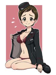 Rule 34 | 1girl, ankle boots, bikini, bikini under clothes, black footwear, black hat, black jacket, blush, boots, breasts, brown eyes, brown hair, closed mouth, commentary, full body, garrison cap, girls und panzer, halterneck, hat, insignia, jacket, kojima emi, kuromorimine military uniform, lapels, long sleeves, looking at viewer, medium breasts, military hat, military uniform, navel, no pants, notched lapels, open clothes, open jacket, opened by self, outline, pink background, red bikini, short hair, sitting, smile, solo, swimsuit, takahashi kurage, uniform, very short hair, wariza, white outline