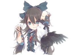 Rule 34 | 1girl, arm up, black hair, black ribbon, black wings, blush, bow, brooch, center frills, feathered wings, frills, green bow, green eyes, hair between eyes, hair bow, hand up, hands in hair, highres, jewelry, long hair, looking at viewer, neck ribbon, puffy short sleeves, puffy sleeves, reiuji utsuho, ribbon, shirt, short sleeves, signature, simple background, solo, touhou, toutenkou, upper body, white background, white shirt, wings