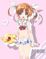 Rule 34 | 1girl, absurdres, adapted costume, bikini, bikini skirt, blue eyes, bow, bowtie, brown hair, commentary, hair ribbon, heart, highres, holding, holding behind back, holding toy, inflatable toy, jewelry, kuroi mimei, looking at viewer, lyrical nanoha, mahou shoujo lyrical nanoha, navel, necklace, open mouth, pinky out, raising heart, raising heart (standby mode), red bow, red bowtie, ribbon, sailor bikini, sailor collar, shadow, short hair, silhouette, smile, solo, standing, swimsuit, takamachi nanoha, toy, twintails, white bikini, white ribbon