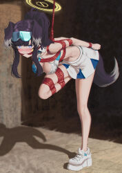 Rule 34 | absurdres, animal ears, bdsm, black hair, blue archive, blue eyes, bondage, bound, cailin020, commentary, detached collar, dog ears, dog tail, english commentary, eyewear on head, gag, gagged, halterneck, hibiki (blue archive), hibiki (cheer squad) (blue archive), highres, millennium cheerleader outfit (blue archive), ponytail, restrained, rope gag, safety glasses, shibari, shoes, skirt, sneakers, tail, white footwear, white skirt