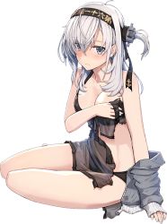 Rule 34 | 1girl, bare shoulders, bikini, black bikini, black headband, blush, breasts, cleavage, clothes writing, collarbone, covering privates, covering breasts, full body, grey jacket, hachimaki, hair between eyes, hair flaps, headband, jacket, kantai collection, large breasts, long hair, looking at viewer, official art, one side up, shizuma yoshinori, silver hair, solo, suzutsuki (kancolle), swimsuit, transparent background