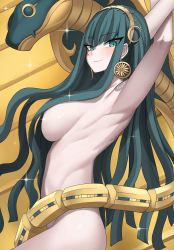 Rule 34 | 1girl, armpits, arms up, blush, breasts, cleopatra (fate), closed mouth, cowboy shot, dutch angle, earrings, fate/grand order, fate (series), from side, green eyes, green hair, hair censor, hair over breasts, hairband, highres, jewelry, k jin, large breasts, looking at viewer, nude, pale skin, single earring, smile, solo, sparkle, tsurime