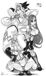 Rule 34 | 3girls, alex ahad, amazon (dragon&#039;s crown), amazon warrior, armlet, armor, ass, bikini armor, black gloves, boots, breasts, cleavage, dragon&#039;s crown, elf, elf (dragon&#039;s crown), feather hair ornament, gloves, hair ornament, highres, large breasts, long hair, looking at viewer, multiple girls, muscular, muscular female, pointy ears, small breasts, sorceress (dragon&#039;s crown), squatting, tattoo