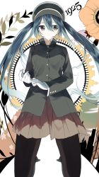 Rule 34 | 1925, 1925 (vocaloid), 1girl, black hat, black jacket, black pantyhose, blue hair, brown skirt, buttoned cuffs, buttons, closed mouth, commentary, gloves, grey eyes, hair between eyes, hat, hatsune miku, highres, jacket, long hair, long sleeves, looking at viewer, pantyhose, peaked cap, pentagon (railgun ky1206), pleated skirt, skirt, solo, standing, twintails, very long hair, vocaloid, white background, white gloves