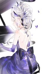 Rule 34 | 1girl, backless dress, backless outfit, blue archive, dress, elbow gloves, gloves, grey hair, highres, hina (blue archive), hina (dress) (blue archive), instrument, long hair, music, official alternate costume, official alternate hairstyle, piano, playing instrument, purple dress, purple eyes, purple gloves, simple background, solo, tsukiiro, white background