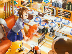 Rule 34 | 1girl, braid, brown eyes, brown hair, clodsire, commentary request, creatures (company), food, game freak, highres, holding, holding plate, indoors, juliana (pokemon), necktie, nintendo, open mouth, orange mikan, plate, pokemon, pokemon (creature), pokemon sv, purple necktie, purple shorts, restaurant, shirt, short sleeves, shorts, smile, sushi, table, tatsugiri, tatsugiri (curly), tatsugiri (droopy), tatsugiri (stretchy)