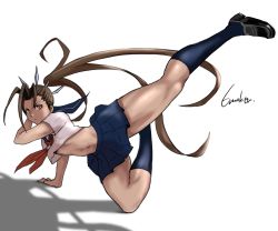 Rule 34 | 1girl, 6maker, absurdres, antenna hair, between fingers, black footwear, blue socks, breasts, brown hair, commentary request, crop top, full body, highres, holding, holding weapon, ibuki (street fighter), kicking, kunai, loafers, long hair, midriff, muscular, muscular female, official alternate costume, ponytail, school uniform, serafuku, shoes, simple background, skirt, small breasts, socks, solo, street fighter, street fighter v, thick thighs, thighs, underboob, very long hair, weapon