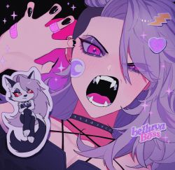 Rule 34 | 1girl, alternate form, animal ears, animification, crossed arms, demon girl, furry, furry female, helluva boss, highres, long hair, loona (helluva boss), makeup, mascara, neg 50asu, red eyes, shaved head, silver hair, solo, sticker, tail, wolf ears, wolf girl, wolf tail, yellow eyes