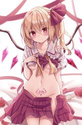 Rule 34 | 1girl, arm support, bed sheet, blush, breasts, collarbone, commentary request, cowboy shot, crystal, flandre scarlet, flower, frilled shirt collar, frills, gradient background, groin, hair between eyes, hair ribbon, hand on own chest, highres, kure~pu, long hair, looking at viewer, miniskirt, navel, no headwear, one side up, open clothes, open skirt, pleated skirt, pubic tattoo, red flower, red ribbon, red rose, red skirt, red vest, ribbon, rose, shirt, sitting, skirt, skirt set, small breasts, solo, stomach, tattoo, thighs, touhou, underboob, vest, vest lift, white background, white shirt, wings