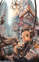 Rule 34 | 1girl, blonde hair, bow, broom, broom riding, building, cityscape, fisheye, flying, garter straps, hair bow, john hathway, legs, long hair, looking back, original, sitting, socks, solo focus, striped clothes, striped thighhighs, thighhighs