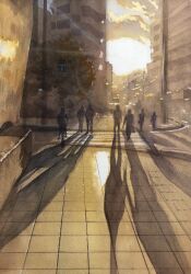 Rule 34 | 6+others, building, city, cloud, cloudy sky, highres, morning, multiple others, original, painting (medium), road, scenery, shadow, sky, street, sunlight, sunrise, tlctm7h8wdwnthx, traditional media