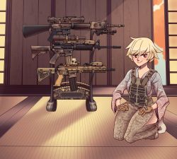 Rule 34 | 1girl, absurdres, acog, assault rifle, blonde hair, bulletproof vest, camouflage, gloves, gun, h&amp;k hk416, hakama, hakama pants, highres, japanese clothes, kimono, m16, m16a4, m4 carbine, original, pants, red eyes, rifle, scope, socks, solo, squatting, weapon, weapon stand, willy pete