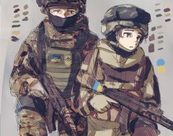 Rule 34 | 1boy, 1girl, ak-74, aks-74, assault rifle, azov battalion, balaclava, camouflage, color guide, covered mouth, gloves, grey background, grey gloves, gun, helmet, holding, holding gun, holding weapon, kalashnikov rifle, kikurina, looking at viewer, magazine (weapon), mask, military, military uniform, on one knee, original, palette (object), rifle, russo-ukrainian war, simple background, sketch, translated, trigger discipline, ukraine, ukrainian flag, ukrainian text, uniform, weapon