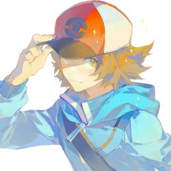 Rule 34 | 1boy, alannoran, baseball cap, blue jacket, brown eyes, brown hair, closed mouth, commentary, creatures (company), game freak, hand on headwear, hat, highres, hilbert (pokemon), jacket, long sleeves, male focus, nintendo, poke ball print, pokemon, pokemon bw, red hat, short hair, smile, solo, strap, upper body, zipper pull tab