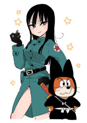 Rule 34 | 1boy, 1girl, belt buckle, black eyes, black gloves, black hair, breasts, buckle, buttons, closed mouth, dragon ball, dragon ball (classic), furry, gloves, hands on own hips, holding, katana, long hair, long sleeves, looking at viewer, mago, mai (dragon ball), shuu (dragon ball), simple background, smile, snout, standing, star (symbol), sword, sword behind back, symbol-only commentary, weapon, white background