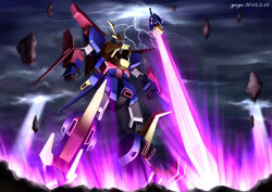 Rule 34 | 10s, artist name, claws, cloud, cloudy sky, dated, fangs, floating rock, floating rocks, glowing, gundam, gundam build fighters, gundam build fighters try, gundam tryon 3, light rays, lightning, mecha, no humans, planted, planted sword, planted weapon, robot, shield, sky, solo, sword, weapon, yoyo (seawayseed)