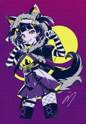 Rule 34 | 1girl, animal ears, animal hood, bandaid, bandaid on face, belt, black hair, black nails, black thighhighs, character request, clothes writing, commentary request, copyright request, cowboy shot, cropped jacket, elbow gloves, fingerless gloves, fishnet pantyhose, fishnets, flat chest, gesugao, gloves, gradient background, grin, hair ornament, hairclip, heart, heart hair ornament, highres, hood, looking at viewer, moon, moon hair ornament, nou (nounknown), orange eyes, original, oversized belt, pantyhose, pleated skirt, print shirt, purple background, sharp teeth, shirt, short hair, short sleeves, signature, simple background, skirt, smile, solo, striped clothes, striped gloves, tail, teeth, thigh strap, thighhighs, two-tone background, two-tone eyes, two side up, vocaloid, wolf, wolf ears, wolf hood, wolf tail, yellow background, yellow eyes