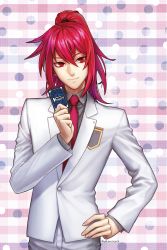 Rule 34 | 10s, 1boy, aken, card, cardfight!! vanguard, closed mouth, formal, hand on own hip, high ponytail, highres, long hair, long sleeves, looking at viewer, male focus, necktie, pant suit, pants, polka dot, polka dot background, red eyes, red hair, red necktie, smile, solo, suit, suzugamori ren, twitter username, upper body
