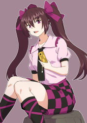 Rule 34 | 1girl, brown background, brown hair, cellphone, checkered clothes, checkered skirt, hair between eyes, hat, highres, himekaidou hatate, holding, holding phone, kakone, long hair, looking at viewer, missing textures, one-hour drawing challenge, open mouth, phone, pink shirt, pink skirt, purple eyes, purple hat, shirt, short hair, simple background, sitting, skirt, smartphone, solo, tokin hat, touhou, twintails