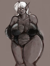 Rule 34 | belly, breasts, cleavage, dark elf, elf, fat, hip focus, large breasts, leather, navel, plump, pointy ears, red eyes, thick thighs, thighs, white hair, wide hips