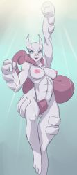 Rule 34 | 10s, 1girl, abs, bandaid, bandaid on face, bandaid on nose, blue eyes, breasts, clenched hands, colored skin, creatures (company), game freak, gen 1 pokemon, highres, jumping, large breasts, legendary pokemon, live for the funk, mega mewtwo x, mega pokemon, mewtwo, nintendo, nipples, nude, personification, pokemon, pokemon xy, purple skin, raised fist, solo, tail