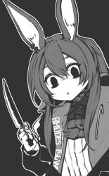 Rule 34 | 1girl, amiya (arknights), animal ears, arknights, commentary request, empty eyes, greyscale, hair between eyes, haku (grimjin), highres, holding, holding knife, holding weapon, jacket, knife, long hair, looking at viewer, monochrome, open clothes, open jacket, parted lips, partial commentary, rabbit ears, shirt, solo, upper body, weapon