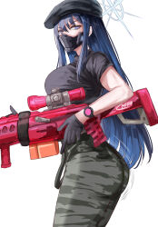 Rule 34 | 1girl, absurdres, ass, beret, black gloves, black hat, black shirt, blue archive, blue eyes, blue hair, breasts, commentary request, cowboy shot, gloves, grey pants, gun, hat, highres, holding, holding gun, holding weapon, large breasts, leggings, long hair, looking at viewer, mask, mouth mask, nui gurumi, pants, rifle, saori (blue archive), shirt, simple background, solo, standing, thighs, very long hair, weapon, white background