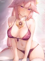 Rule 34 | 1girl, absurdres, bikini, blush, breasts, cleavage, female focus, genshin impact, grin, highres, kimoshi, large breasts, long hair, looking at viewer, navel, parted lips, pink background, pink hair, purple bikini, purple eyes, sitting, smile, solo, swimsuit, thighhighs, thighs, white thighhighs, yae miko