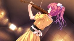 Rule 34 | 1girl, bow, candle, dress, closed eyes, female focus, fire, fire, floria vestoria, game cg, hair ornament, highres, instrument, long hair, open mouth, pink hair, ponytail, ryuuyoku no melodia, solo, tenmaso, violin, wall, whirlpool (studio)