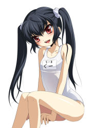 Rule 34 | bad id, bad pixiv id, bare shoulders, black hair, blush, happy, jyuru, kooh, legs, long hair, one-piece swimsuit, open mouth, pangya, red eyes, school swimsuit, sitting, smile, solo, swimsuit, twintails, white school swimsuit, white one-piece swimsuit