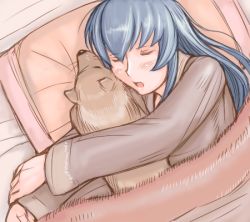 Rule 34 | 00s, bed, blanket, dog, closed eyes, hug, lowres, aged up, open mouth, pillow, rozen maiden, silver hair, sleeping, solo, suigintou, tsuda nanafushi