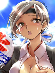 Rule 34 | 10s, 1girl, :o, blue sky, blush, breasts, brown eyes, chitose (kancolle), cleavage, day, eyebrows, grey hair, hand fan, headband, hot, kantai collection, large breasts, long hair, looking at viewer, low ponytail, open mouth, paper fan, primary stage, sky, solo, summer, sunlight, sweat, twitter username, uchiwa, upper body