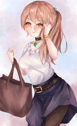 Rule 34 | 1girl, alternate hairstyle, belt, black skirt, blonde hair, bracelet, breasts, casual, choker, contemporary, contrapposto, floral print, highres, jewelry, long hair, medium breasts, orange eyes, orchid (orukido), pantyhose, ponytail, shirt, simple background, skirt, solo, touhou, white shirt, yorigami jo&#039;on