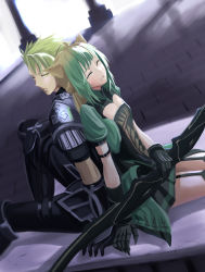 Rule 34 | 1boy, 1girl, achilles (fate), animal ears, armor, atalanta (fate), back-to-back, blonde hair, bow (weapon), cat ears, closed eyes, fate/apocrypha, fate (series), green hair, highres, holding, holding weapon, mukade (siieregannsu), multicolored hair, sitting, thighhighs, two-tone hair, weapon, yellow eyes