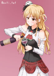 Rule 34 | 1girl, anti (untea9), ascot, bare shoulders, blonde hair, blush, bottle, braid, breasts, brown eyes, clothing cutout, corset, cowboy shot, cup, drinking glass, french braid, hat, highres, kantai collection, long hair, medium breasts, mini hat, red ascot, shoulder cutout, skirt, solo, twitter username, wavy hair, white skirt, wine bottle, wine glass, zara (kancolle), zara due (kancolle)