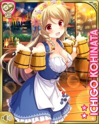 Rule 34 | 1girl, apron, bare legs, beer mug, blonde hair, blue dress, bow, braid, breasts, card, character name, cleavage, cup, dress, flower, flower on head, girlfriend (kari), hair ornament, hairclip, indoors, kohinata ichigo, large breasts, long hair, mug, night, official art, open mouth, qp:flapper, red eyes, surprised, tagme, white apron